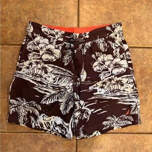 Nautica Brown and White Hawaiian Floral Swim Shorts
